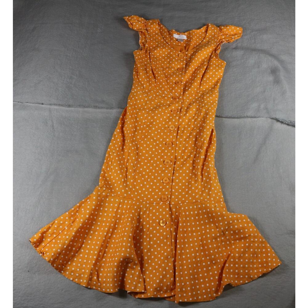 Rachel Parcell Dress Xs Orange White Polka Dot Button Down Linen Blend Midi